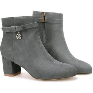 Women’s Grey Vintage Chunky Block Low Heel Boots Tie Knot Zipper Booties